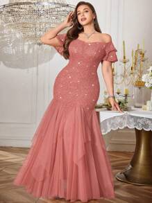 露肩荷叶袖亮片花卉蕾丝撞色网纱荷叶边下摆晚宴长裙、舞会礼服、婚礼宾客礼服、情人节礼服、夏季礼服、生日、返校节、毕业典礼、节日等场合适用 - 藕粉色 - 查看 6