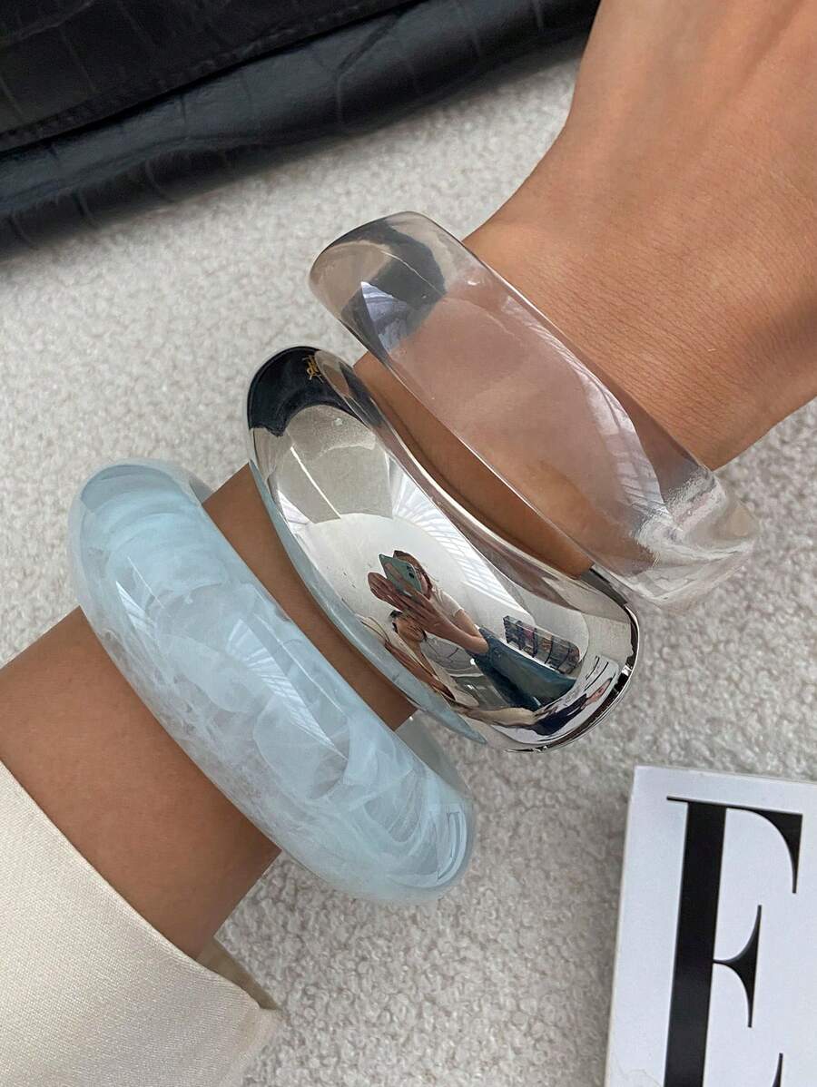 1pc/3pcs/Set Bohemian Geometric Arc Smooth Resin Cuff Bracelet, Luxurious Casual Party Women Couples Wedding Holiday Versatile Metal Jewelry Bracelet Gift (The Material And Color Of The Bracelet Are Subject To The Actual Product)