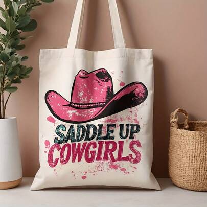 1pc Pink Cowboy Hat Design Canvas Tote Bag - 13.8"X15.8" Reusable Grocery Bag With "SADDLE UP COWGIRLS" Graphic, Durable Polyester Canvas For Beach, Commuting, Shopping -  Western Summer Bag & Cowgirl Gift, Reusable Shopping Bag, Leakproof Construction