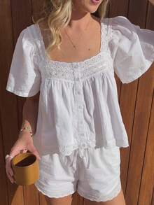 Women Lace Trim Cardigan Shirt Short Sleeve Button Down Ruffle Hem Blouse Summer Boho Tops Y2K Going Out Tops - Matching Colors - View 4