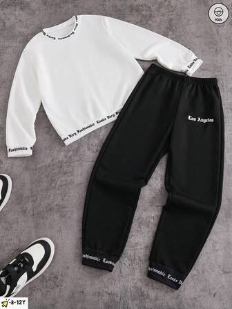 Conjunto de sudadera y pantalones con cuello redondo y manga larga con estampado de letras de calle estilosos y guapos para niños, con un diseño único y tela cómoda, perfecto para vacaciones al aire libre y uso casual en otoño e invierno