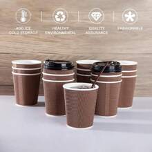HOT BARGAINS 100 X 8oz / 230ml Disposable Coffee Cups With Lids Leak Proof Triple Layered Ripple Paper Cups Takeaway Cups For Hot And Cold Drinks - Coklat - View 2