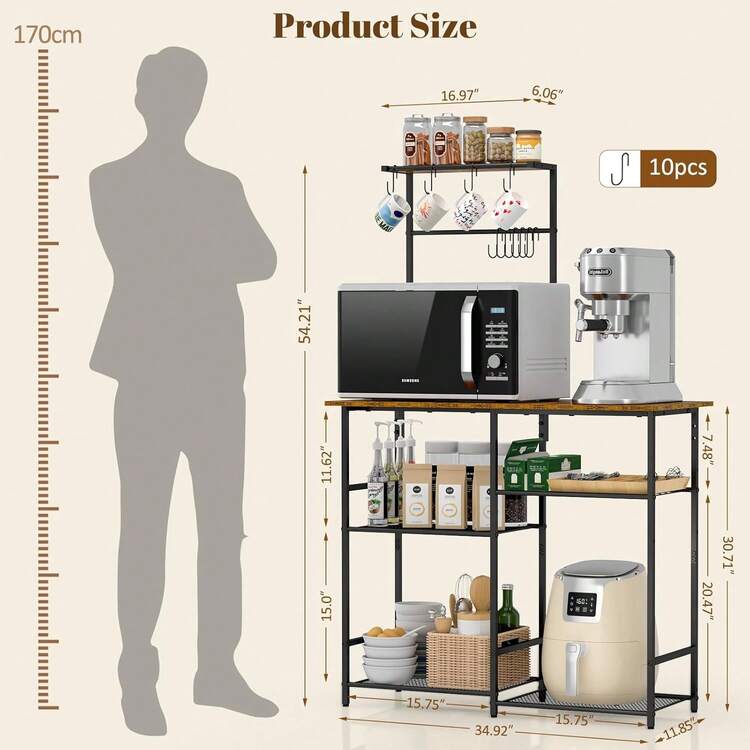 Baker's Rack For Kitchen With Storage, Microwave Stand With Adjustable Shelves And 10 S Hooks, 6-Tier Coffee Bar Station, Kitchen Shelves For Spices, Pots, Rustic Brown,10600244 - 巧克力棕 - 查看 2