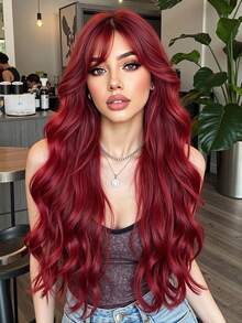 红色长卷发波浪形合成耐热假发，带刘海，女士假发，适合日常佩戴，服装假发，角色扮演派对礼物，圣诞节冬季 Y2K 假发 - 紅色 - 查看 2