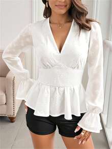 1 Stück Damen Bluse mit Blumen-Hohlmuster und Rüschenkante, geeignet für Lässig-Wear und Dates, Herbst - Weiss - Übersicht 4