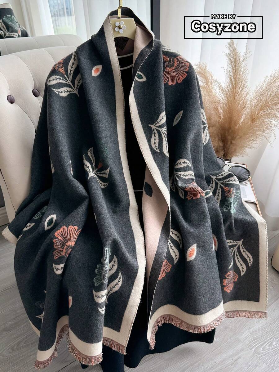 1条花卉提花针织仿羊绒围巾/披肩,保暖时尚,适合秋冬季节,百搭优雅,可作连衣裙装饰。 - 深灰色 - 查看 1