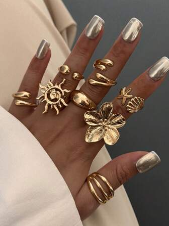 8 pièces/set Bague vintage lisse végétalienne, bague de mode bohème étoile de mer personnalisée