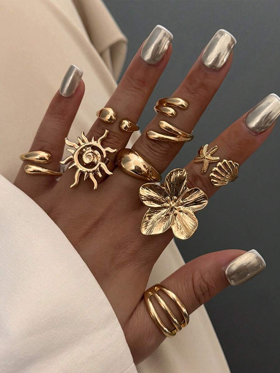 8 Buah/Set Cincin Vegan Halus Bergaya Vintage Cincin Fashion Bintang Laut Bohemian Cincin yang Dipersonalisasi - Emas - View 1