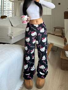 SANRIO 3pcs Hello Kitty Women's Plush Warm Lounge Pants, Cute & Comfortable For Autumn/Winter - Multicolor - View 8
