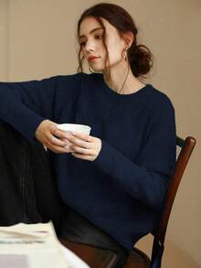 Knit Mix 优雅女士针织法式通勤毛衣，休闲宽松长袖圆领套头衫，适合秋冬季、圣诞节、感恩节、新年、情人节等节日穿着，也是返校季和秋季女装的理想之选。 - 藏青 - 查看 5