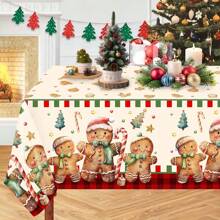 1 pieza Mantel de plástico con tema navideño, 137*220cm Cubierta de mesa para fiesta de Navidad - Diseño de hombrecillo de jengibre y árbol de Navidad | Mantel de plástico desechable, decoración de mesa de comedor navideña, decoración navideña