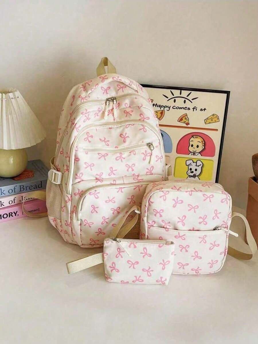 Set de 3 mochilas plegables resistentes al agua con estampado de lazo en nailon beige, con múltiples bolsillos, adecuadas para adolescentes, estudiantes de secundaria/universidad, mujeres para uso diario, escuela, entrenamiento, viajes, regalos de San Valentín (las letras de etiqueta pequeñas son aleatorias)