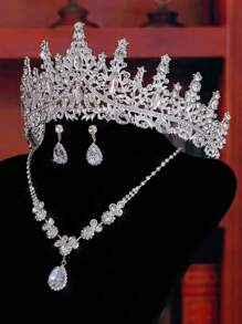 Set de bijuterii elegante și luxoase cu colier și cercei cu coroană, 4/3 buc., potrivit pentru spectacole, nunți cu flori, petreceri de prințesă, ceremonii de premiere, prezentări de modă și alte ocazii, set de bijuterii decorative și accesorii de păr pentru copii, în stil regal la modă.