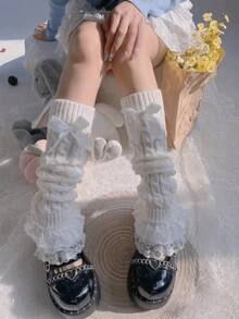 1 Pair Women's White Lolita Bow Lace Trim Flat Leg Warmers 0CWF - White - 查看 11