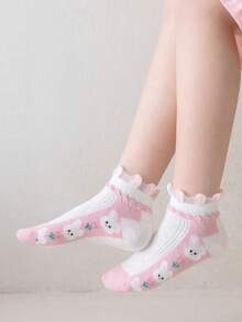 5 Paar Mädchen Dünne Knöchelsocken für Herbst - atmungsaktiv mit Cartoon Hasen Muster, leichte Socken für alle Jahreszeiten, Lässig Socken, lustige Socken