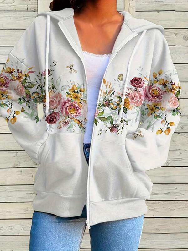 1pc Women Plus Size Floral Print Hoodie Jacket, Casual Zip-Up Sweatshirt Coat With Drawstring, Autumn/Winter