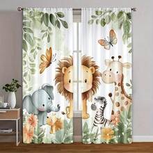 ستارتان كرتونيتان بتصميم حيوانات الغابة - الدب والثعلب والغزال والبومة، ستائر شبه شفافة للغابة مناسبة لغرف الأطفال أو غرف المعيشة، قماش بوليستر قابل للغسل في الغسالة، بتصميم كيس العمود، ستائر غرفة المعيشة - متعدد الألوان - مشاهدة 1