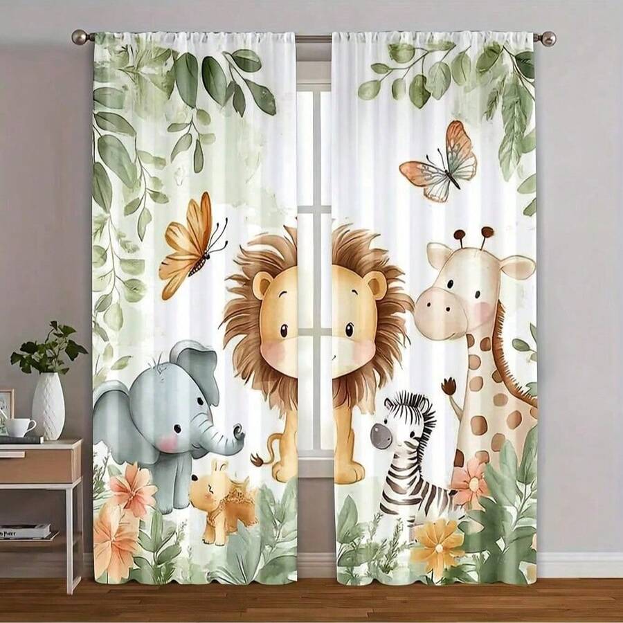 ستارتان كرتونيتان بتصميم حيوانات الغابة - الدب والثعلب والغزال والبومة، ستائر شبه شفافة للغابة مناسبة لغرف الأطفال أو غرف المعيشة، قماش بوليستر قابل للغسل في الغسالة، بتصميم كيس العمود، ستائر غرفة المعيشة - متعدد الألوان - مشاهدة 1
