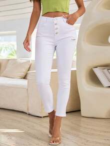 Women's Front Single Button Pocket Casual Minimalist Ripped Slim Fit White Jeans - 白色 - 查看 7