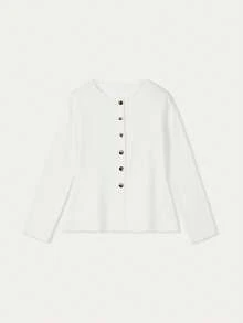 FOR BEAUTY Áo khoác blazer dệt kim may đo nữ, cổ tròn nút vàng tay dài dáng ôm, trang phục dệt kim thanh lịch.. Trắng - trắng - Xem 4