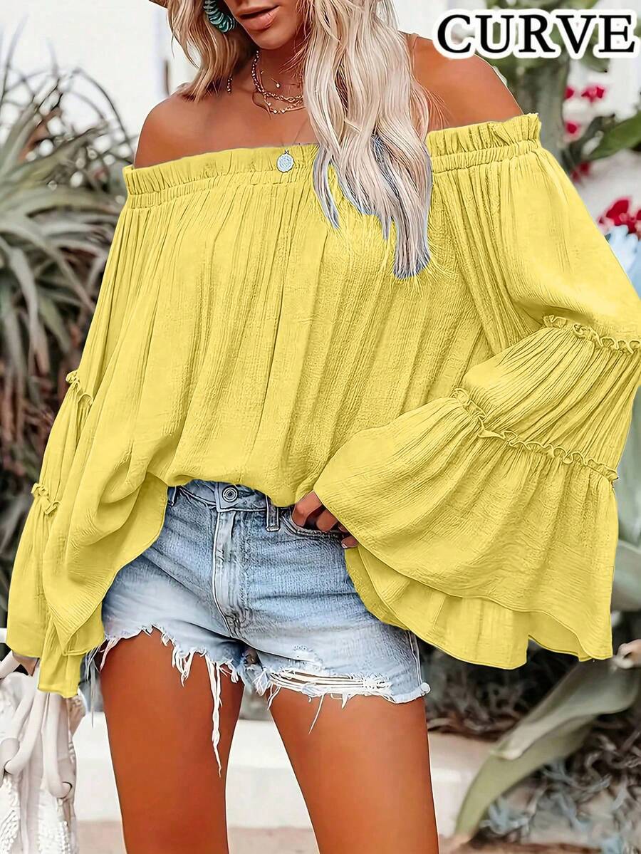 Plus Size Women Solid Color Off-Shoulder Ruffle Sleeve Blouse