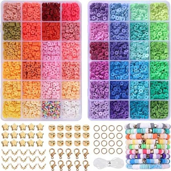 4,800 Clay Beads Bracelet Making Kit 48-Color Flat Round Polymer Clay Spacers, Beads For Jewelry Bracelet Jewelry Making, Suitable For 8-12-Year-Old Girls, College Style, Gifts