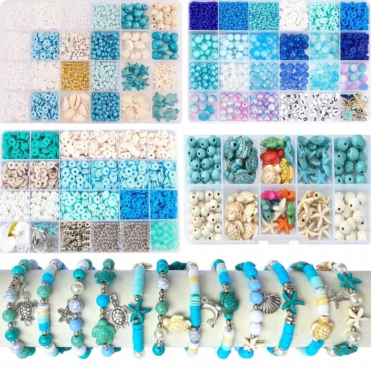 1 Box Ocean Themed Beading Set, Summer Holiday Style Friendship Bracelet Making Kit, Clay Beads Set For Jewelry Making DIY - Bracelets, Necklaces, Earrings, Craft Gifts - Multicolor - View 13
