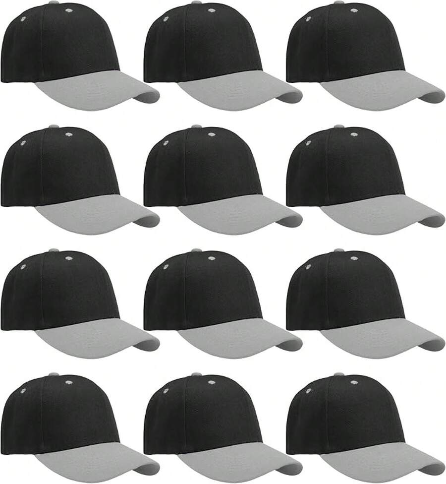Bulk Lot 12-Pack Adjustable Size Plain Blank Solid Color Baseball Caps - Black/Grey - View 1