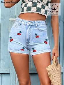 Mobula Sound Women's Casual Cherry Embroidery Design Fresh Pattern Music Festival Student Summer Denim Roll Up Hem Shorts - Blue - View 5