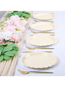 10 件/20 件/50 件/套，象牙色纸盘 7 英寸象牙色扇贝形盘子，米色纸盘扇贝形甜点盘一次性米色蛋糕纸盘，杯子和餐巾，派对用品米色扇形盘子餐巾杯，新生儿洗澡生日派对婚礼新娘派对用品 - 彩色 - 查看 3