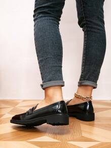 女士圆头平底乐福鞋,厚底复古休闲鞋,学院风学生鞋,春秋季 - 黑色 - 查看 6