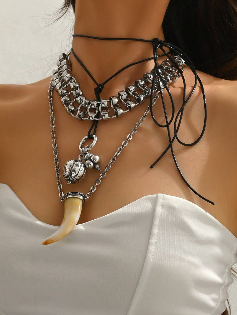 1 pieza Nuevo collar colgante de cuerno de animal multicapa apilado, diseño exagerado de lujo, joyería de moda para mujeres - Plata antigua - Ver 1
