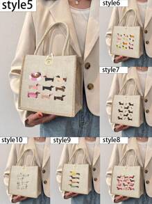 三只腊肠犬图案亚麻手提包，纽扣装饰手提包，简约大容量手提包，便携休闲收纳手提包，教师节礼品袋，教师答谢收纳袋，适合女性，日常使用，约会，生日，节日，返校，秋冬，度假，旅行，通勤，商务，学生，野餐，露营，超市，日常收纳，腊肠犬包，创意圣诞礼物创意 - 米色 - 查看 3