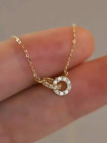 S925 纯银镀金双环项链，镶嵌 CZ 宝石，轻巧简约链条，适合学院风和旅行照片，适合送给少女的礼物