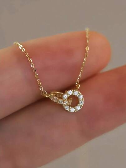 S925 Sterling Silver Double Ring Necklace, Gold-Plated Zirconia Inlaid, Lightweight Minimalist Chain, Suitable For Preppy Style And Travel Photography, Gift For Young Girls