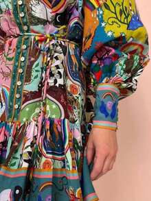 Vintage Art Print Puff Sleeve Button Front Midi Dress With Belt - 彩色 - 查看 3