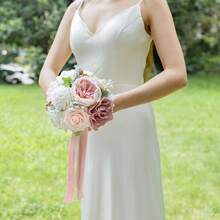Dusty Blue Wedding Bouquets For Bride Bridesmaid, White Wedding Artificial Roses Flowers For Wedding Bouquets Ceremony, Anniversary - Dusty Rose & Blush - View 9