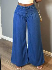 Women's Loose Front Button Wide Leg Washed Lightweight Denim Pants Suitable For Daily Versatile Outings - Rửa tối - Xem 6