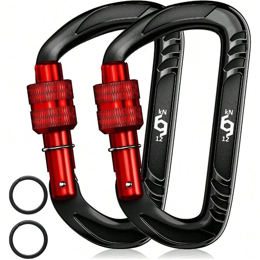 2 Pack Heavy Duty Auto Locking Wiregate Carabiner Clips, 12kN (2697 Lbs) Weight Capacity For Pets Camping Hammock Keychains, Red - Red - View 1