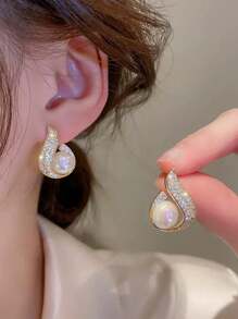 1 对时尚百搭仿珍珠耳钉，适合日常佩戴 - 金黃色 - 查看 5