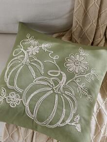 1 Stück Thanksgiving grüner Cut Out Kürbis bestickter Kissenbezug, 45 x 45 cm, geeignet für Inneneinrichtung, Erntedankfest dekorativer Kissenbezug, Kissenfüllung nicht enthalten