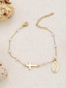 1pc Virgin Mary Cross Chain Bracelet For Women, Stainless Steel 14k Gold Plated Cross Imitation Pearls Gold Beads Charm Chain Bracelet, Christian Gift, Trust Gift, Cross Gift, Friendship Gift
