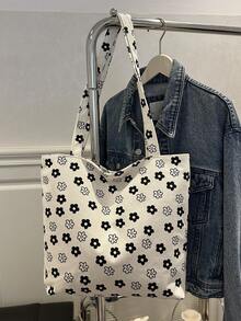 梅花和草莓印花可爱女士手提包，帆布灯芯绒面料大容量手提包，适合妈妈、学生、办公室女士、旅行 - 白色 - 查看 7