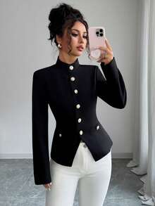 Women's Solid Color Woven Front Button Faux Pocket Casual Commuting Office Elegant Blouse, Suitable For Spring, Autumn And Winter