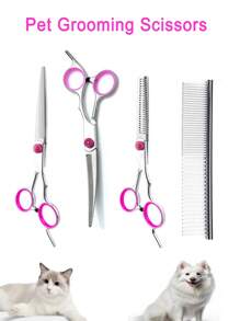 Professional Pet Grooming Scissors Set: Includes Stainless Steel Straight & Curved Scissors For Dog Hair/Fur Trimming, Rabbit Grooming Shears & Other Pet Styling Tools