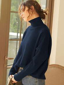 Knit Mix Áo len nữ cổ cao dáng rộng, thích hợp cho mùa thu/đông, áo chui đầu tay dài dày dặn, thiết kế họa tiết đồng xu cổ điển, thời trang đa năng cho Giáng sinh, Năm mới, Ngày lễ tình nhân, mùa tựu trường. - Hải quân - Xem 6