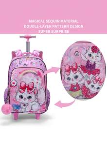 BLING BABIES 3 件套女童滚轮背包，可爱卡通猫咪亮片设计滚轮包，带午餐盒和笔袋，夜光功能，粉色 - 紅花粉貓 - 查看 7
