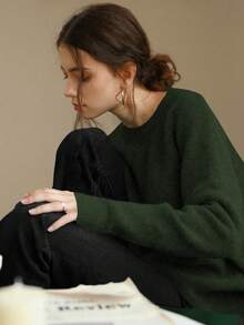 Knit Mix 优雅女士针织法式通勤毛衣，休闲宽松长袖圆领套头衫，适合秋冬季、圣诞节、感恩节、新年、情人节等节日穿着，是返校季和秋季女装的理想选择。 - 軍綠色 - 查看 6