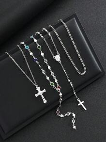 4-In-1 Vintage Elegant Fashion Hip Hop Retro Coin Rhinestone Cross Pendant Tassel Long Necklace Set, Unique Layered Choker Necklace For Women, Suitable For Summer, Party, Formal Occasion, Daily Wear