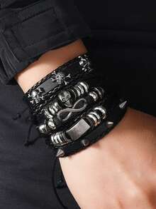 10/20/30Pcs Men's Cool Punk Style Hip Hop Faux Leather Bracelet Skull Cross Star Design Vintage Hand Jewelry For Men Women Gifts Thanksgiving Father's Day Graduation Creative Metal Dots Fashion Jewelry - 黑色 - 查看 4